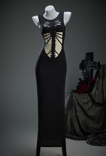 Moonlight Devil Gothic Style Black Dress Skeleton Hollow Cutout Patchwork Dress