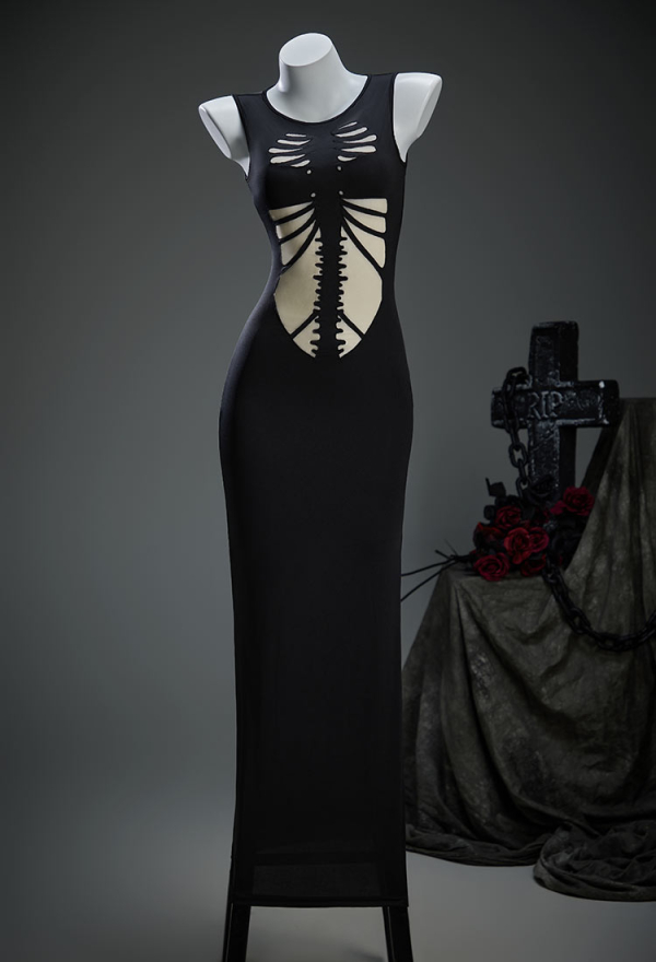Moonlight Devil Gothic Style Black Dress Skeleton Hollow Cutout Patchwork Dress
