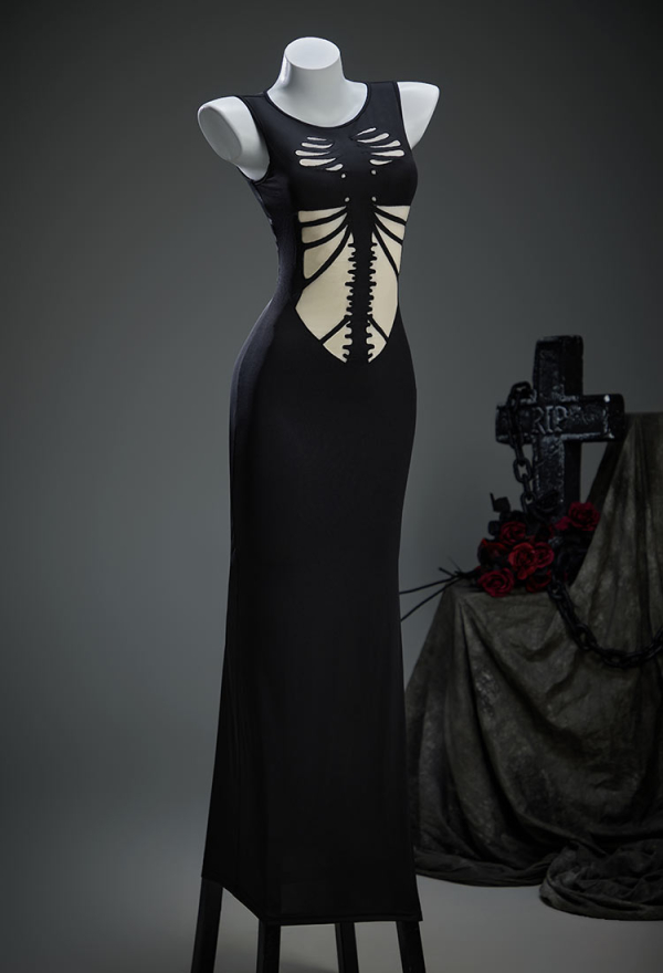 Moonlight Devil Gothic Style Black Dress Skeleton Hollow Cutout Patchwork Dress