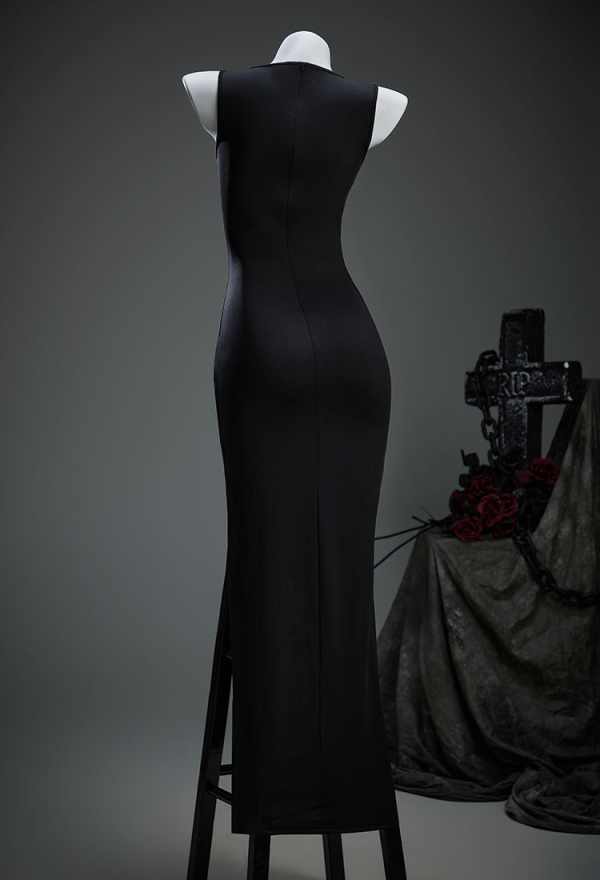 Moonlight Devil Gothic Style Black Dress Skeleton Hollow Cutout Patchwork Dress