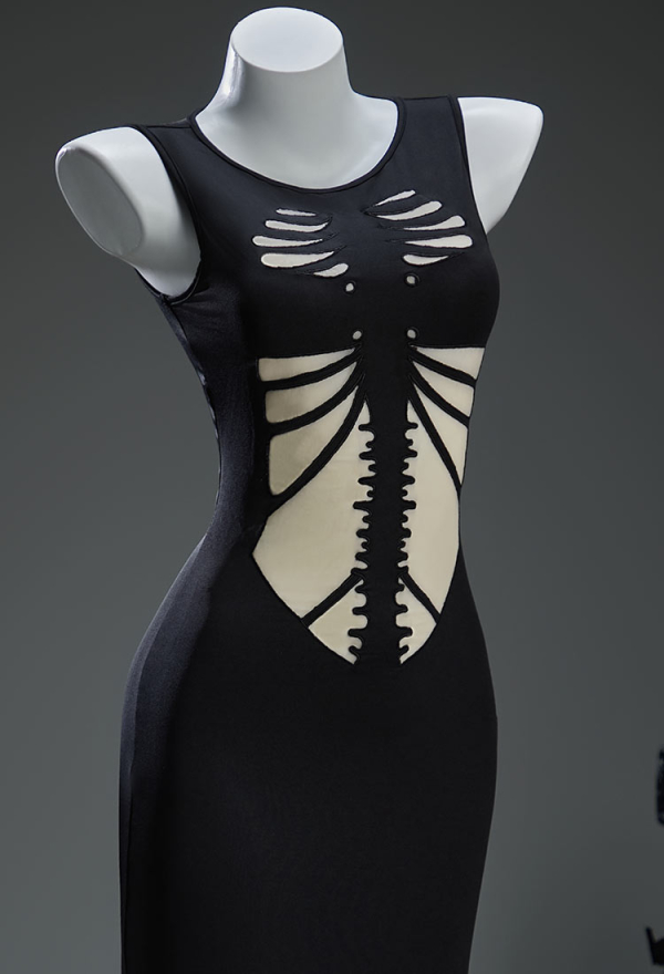 Moonlight Devil Gothic Style Black Dress Skeleton Hollow Cutout Patchwork Dress