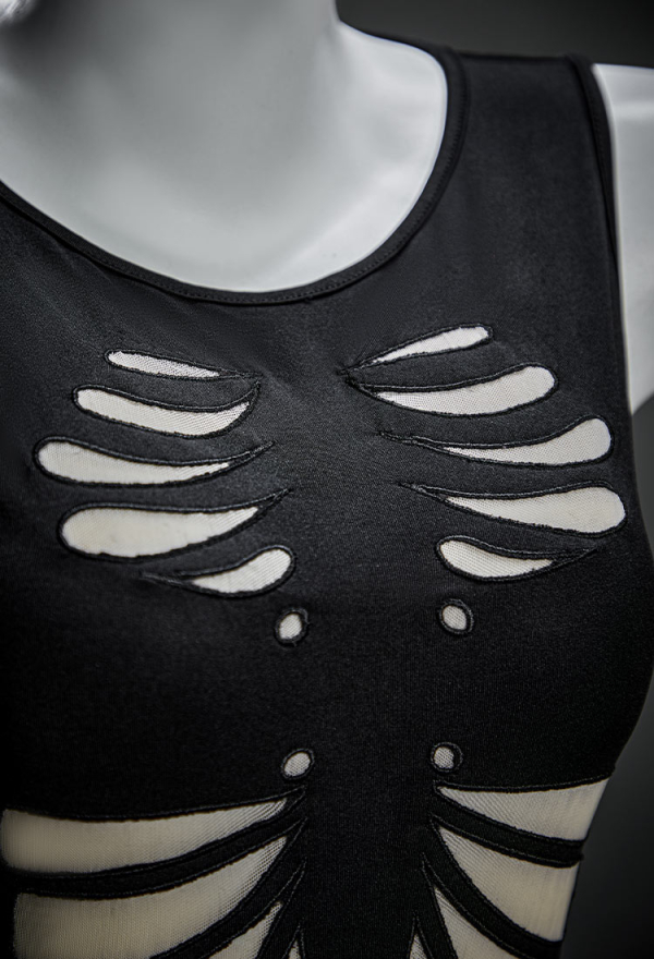Moonlight Devil Gothic Style Black Dress Skeleton Hollow Cutout Patchwork Dress