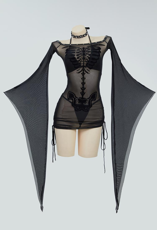 Bone To Be Wild Gothic Black Sexy Lingerie Skeleton Print See Though Dress and Bikini Set with Choker