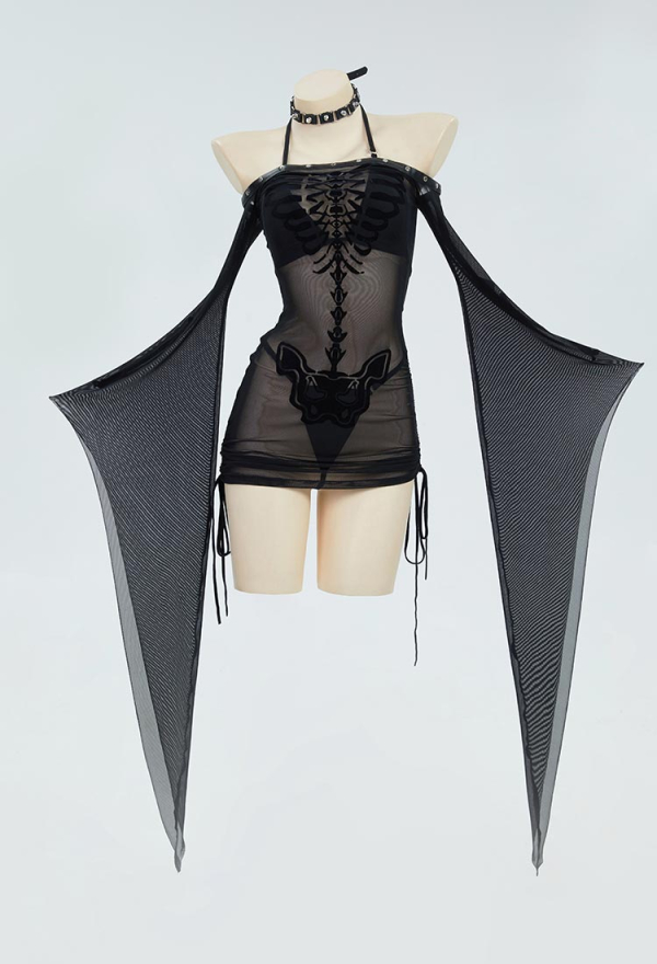 Bone To Be Wild Gothic Black Sexy Lingerie Skeleton Print See Though Dress and Bikini Set with Choker