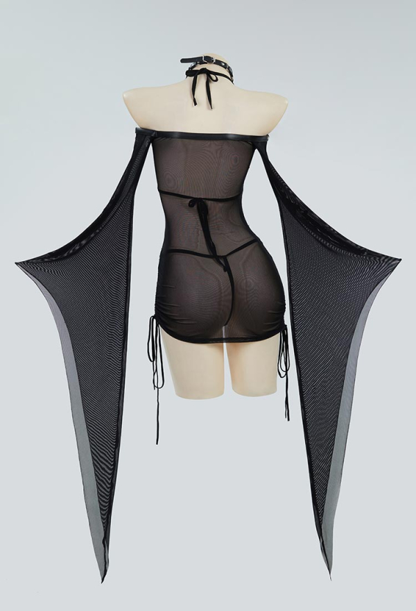 Bone To Be Wild Gothic Black Sexy Lingerie Skeleton Print See Though Dress and Bikini Set with Choker