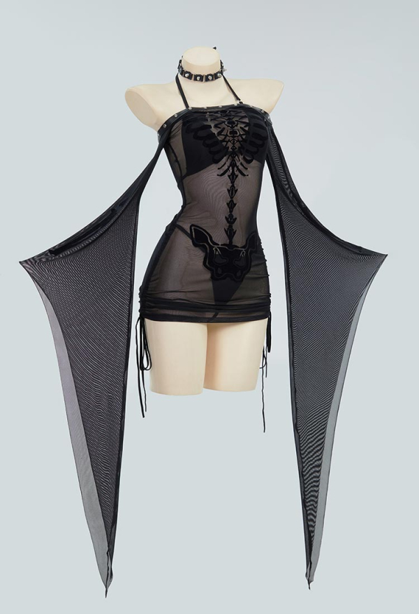 Bone To Be Wild Gothic Black Sexy Lingerie Skeleton Print See Though Dress and Bikini Set with Choker