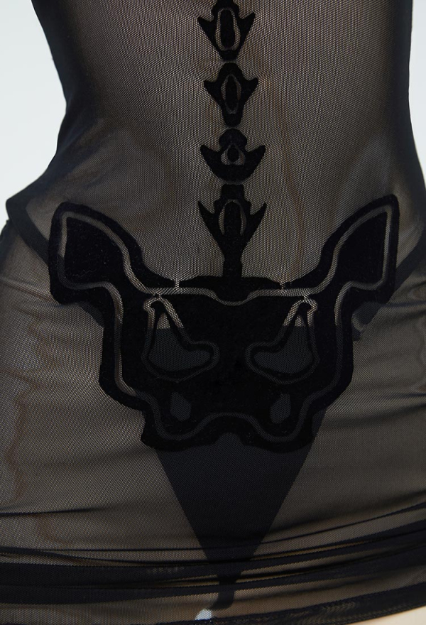 Bone To Be Wild Gothic Black Sexy Lingerie Skeleton Print See Though Dress and Bikini Set with Choker