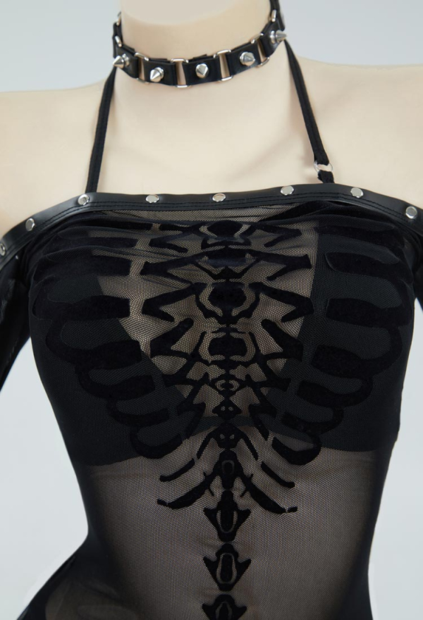 Bone To Be Wild Gothic Black Sexy Lingerie Skeleton Print See Though Dress and Bikini Set with Choker