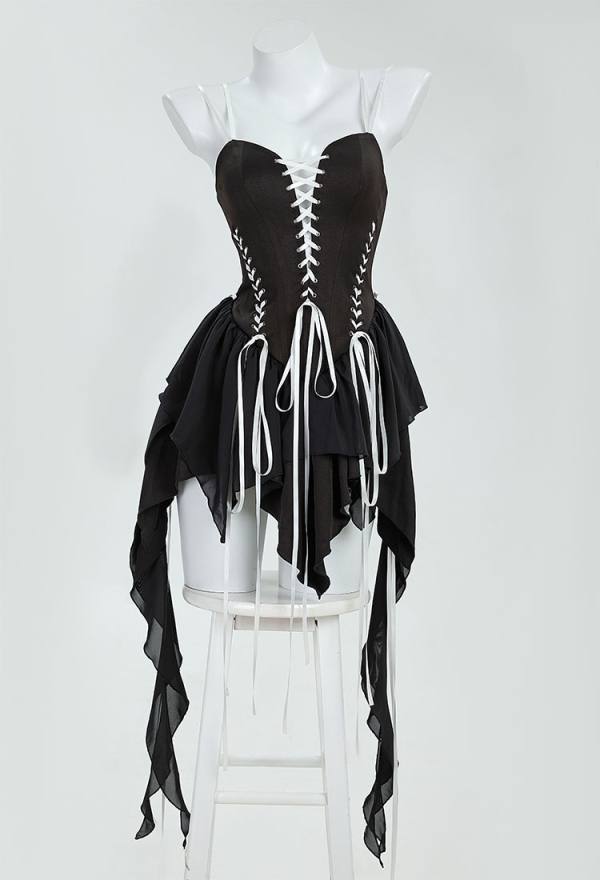Halloween Gothic Black Tube Dress Cutout Strappy Bondage Dress with Gloves Halloween Gothic Black Tube Dress Cutout Strappy Bondage Dress with Gloves