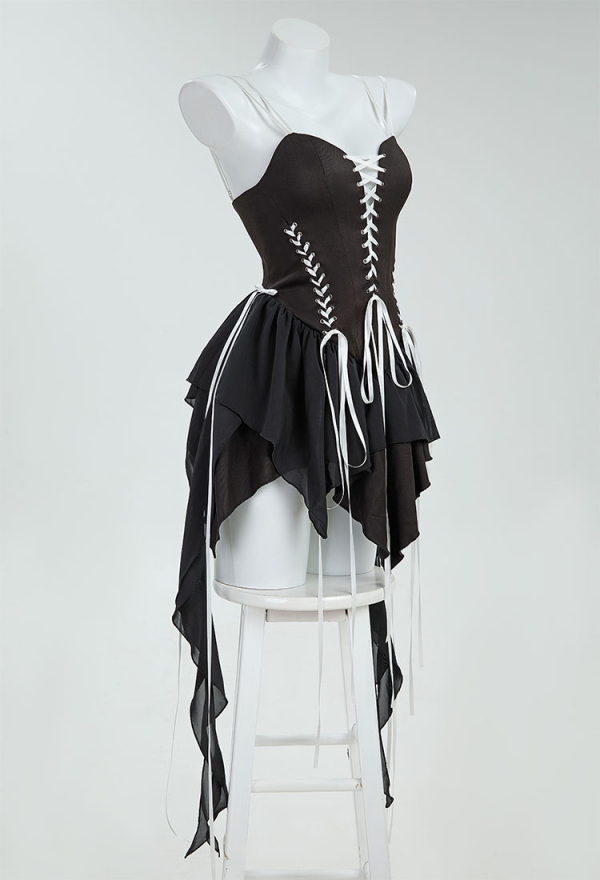 Halloween Gothic Black Tube Dress Cutout Strappy Bondage Dress with Gloves Halloween Gothic Black Tube Dress Cutout Strappy Bondage Dress with Gloves