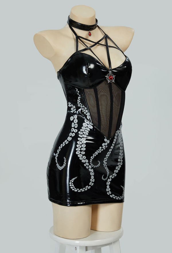 Nocturnal Glimmer Gothic Black Cthulhu Leather Noctilucent Dress Bodycon Halter Dress See Through Octopus Print Dress Nocturnal Glimmer Gothic Black Cthulhu Leather Noctilucent Dress Bodycon Halter Dress See Through Octopus Print Dress