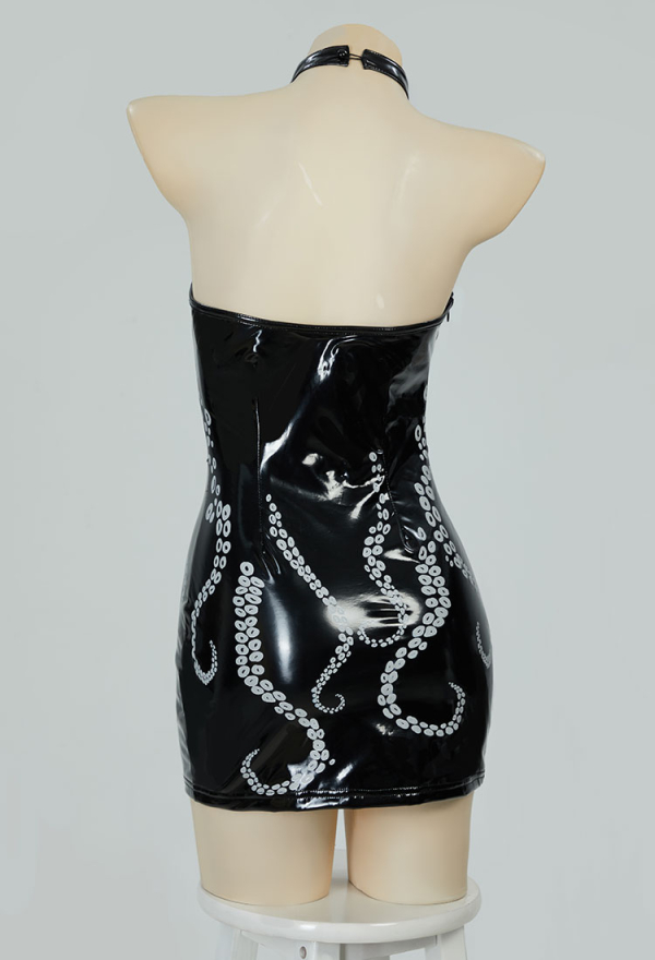 Nocturnal Glimmer Gothic Black Cthulhu Leather Noctilucent Dress Bodycon Halter Dress See Through Octopus Print Dress Nocturnal Glimmer Gothic Black Cthulhu Leather Noctilucent Dress Bodycon Halter Dress See Through Octopus Print Dress