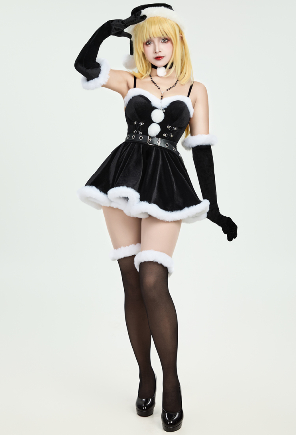 Silent Night Black Bodysuit and Half Skirt Set Dark Furry Christmas Set with Hat Choker Gloves Silent Night Black Bodysuit and Half Skirt Set Dark Furry Christmas Set with Hat Choker Gloves