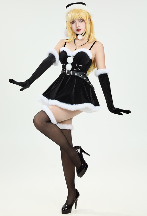 Silent Night Black Bodysuit and Half Skirt Set Dark Furry Christmas Set with Hat Choker Gloves Silent Night Black Bodysuit and Half Skirt Set Dark Furry Christmas Set with Hat Choker Gloves