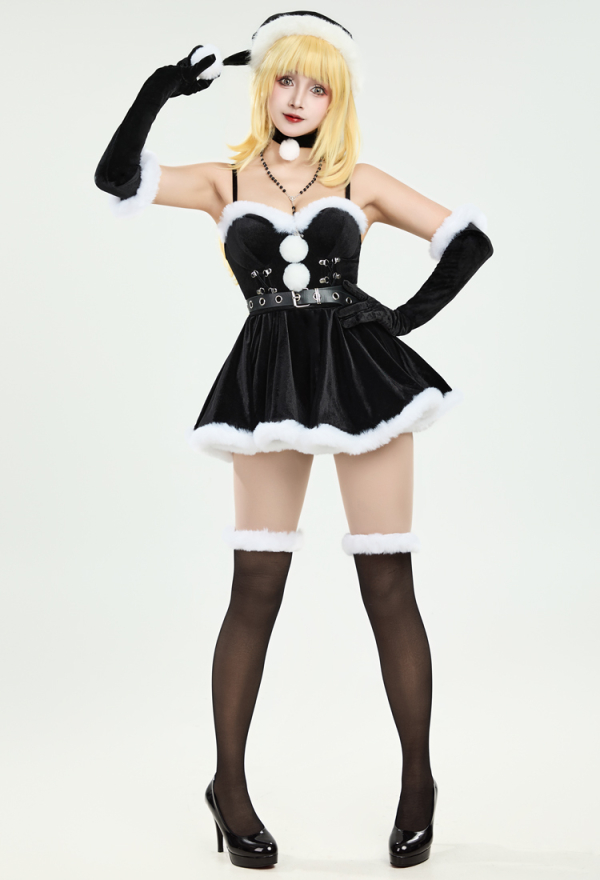 Silent Night Black Bodysuit and Half Skirt Set Dark Furry Christmas Set with Hat Choker Gloves Silent Night Black Bodysuit and Half Skirt Set Dark Furry Christmas Set with Hat Choker Gloves