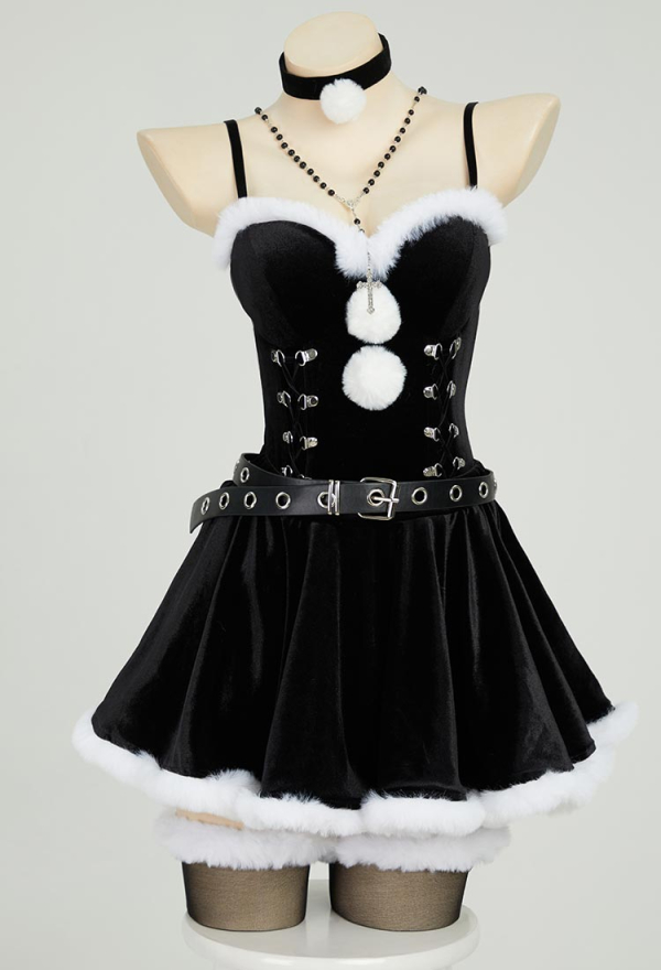 Silent Night Black Bodysuit and Half Skirt Set Dark Furry Christmas Set with Hat Choker Gloves Silent Night Black Bodysuit and Half Skirt Set Dark Furry Christmas Set with Hat Choker Gloves