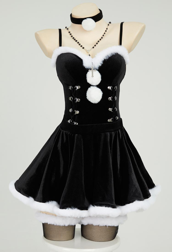 Silent Night Black Bodysuit and Half Skirt Set Dark Furry Christmas Set with Hat Choker Gloves Silent Night Black Bodysuit and Half Skirt Set Dark Furry Christmas Set with Hat Choker Gloves