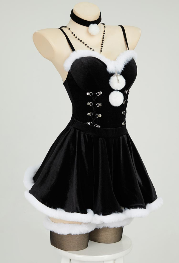 Silent Night Black Bodysuit and Half Skirt Set Dark Furry Christmas Set with Hat Choker Gloves Silent Night Black Bodysuit and Half Skirt Set Dark Furry Christmas Set with Hat Choker Gloves