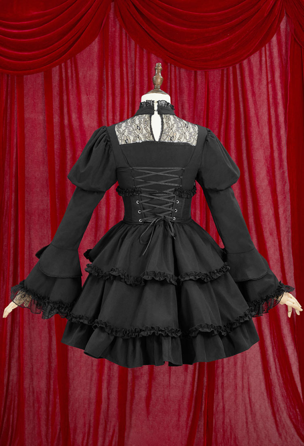 Moonlight Romance Victorian Gothic Black Dress Vintage Court Style Multi Layered Dress with Corset