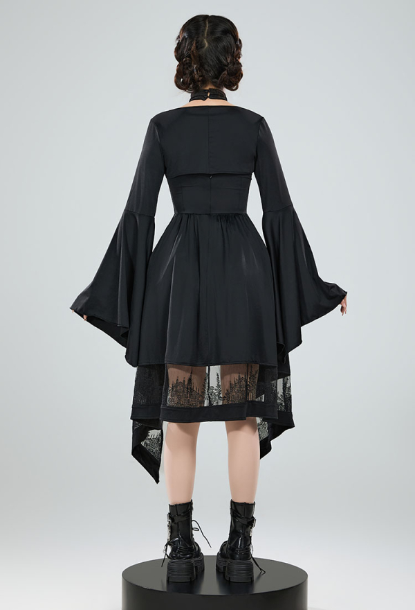 Moonlight Romance Medieval Gothic Costume Black Halter Irregular Dress with Flared Sleeve Short Jacket
