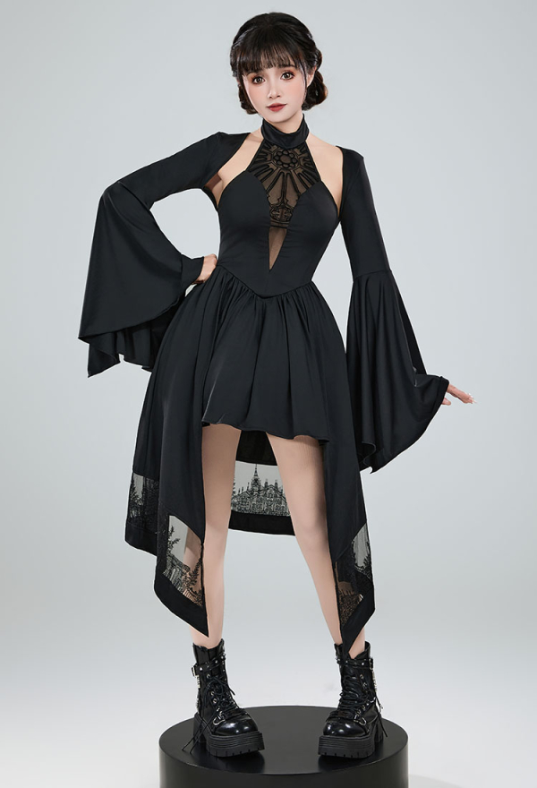 Moonlight Romance Medieval Gothic Costume Black Halter Irregular Dress with Flared Sleeve Short Jacket