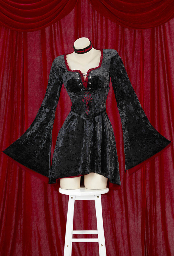 Moonlight Romance Medieval Black Velvet Dress Vampire Vintage Flared Sleeve Dress with Corset Choker Moonlight Romance Medieval Black Velvet Dress Vampire Vintage Flared Sleeve Dress with Corset Choker