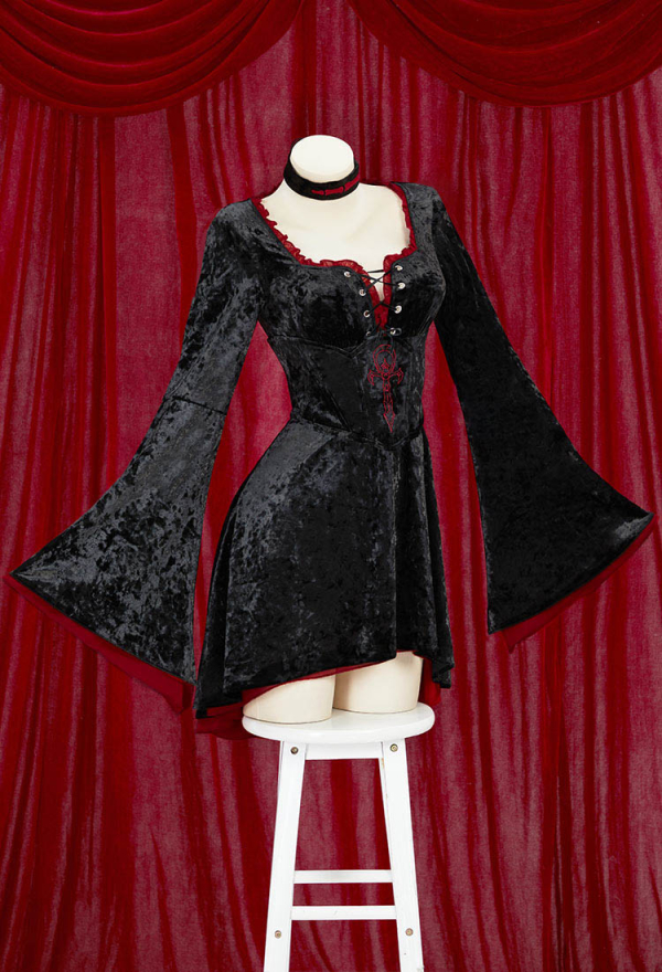 Moonlight Romance Medieval Black Velvet Dress Vampire Vintage Flared Sleeve Dress with Corset Choker Moonlight Romance Medieval Black Velvet Dress Vampire Vintage Flared Sleeve Dress with Corset Choker