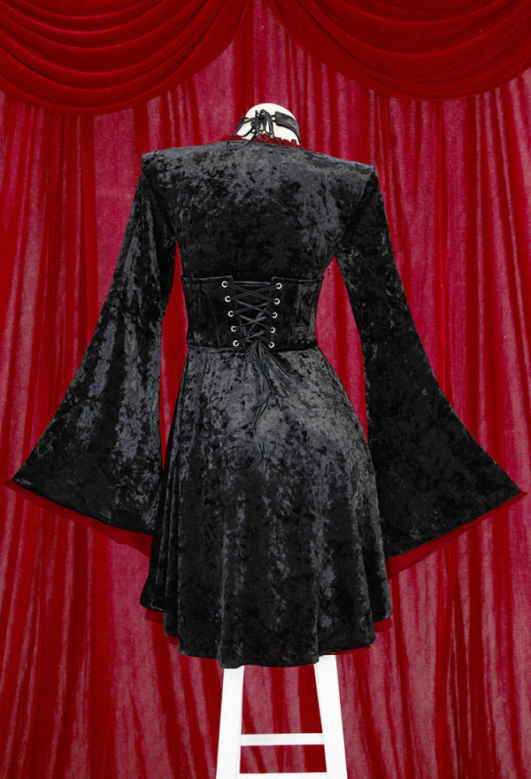 Moonlight Romance Medieval Black Velvet Dress Vampire Vintage Flared Sleeve Dress with Corset Choker Moonlight Romance Medieval Black Velvet Dress Vampire Vintage Flared Sleeve Dress with Corset Choker