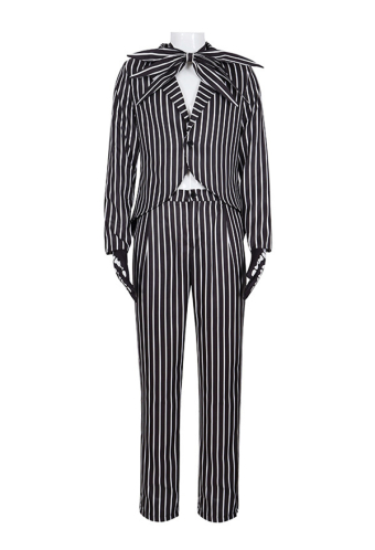 Meowcos Halloween Jack Skellington Style Costume Gothic Long Sleeve Jacket and Pants with Bow Tie and Gloves