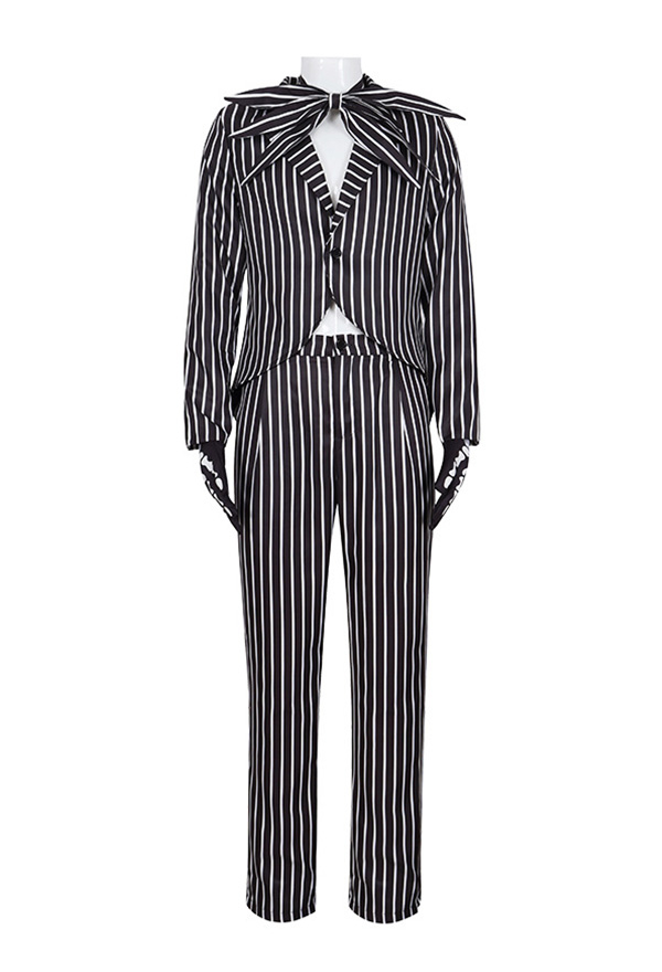 Meowcos Halloween Jack Skellington Style Costume Gothic Long Sleeve Jacket and Pants with Bow Tie and Gloves
