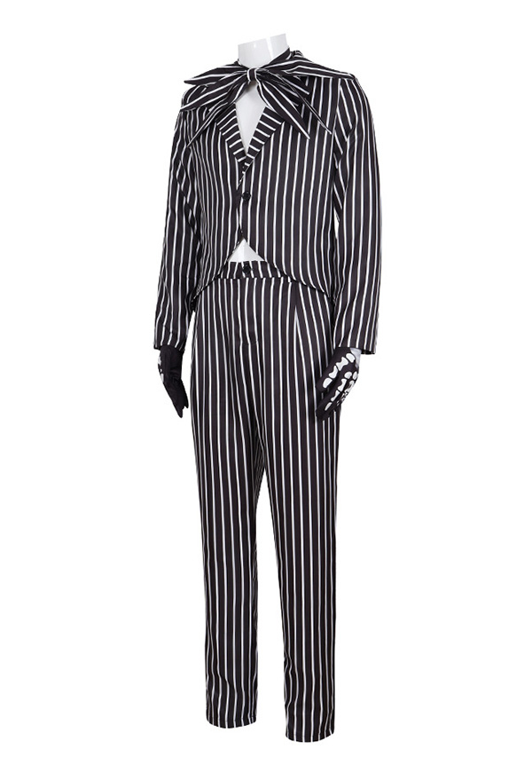Meowcos Halloween Jack Skellington Style Costume Gothic Long Sleeve Jacket and Pants with Bow Tie and Gloves