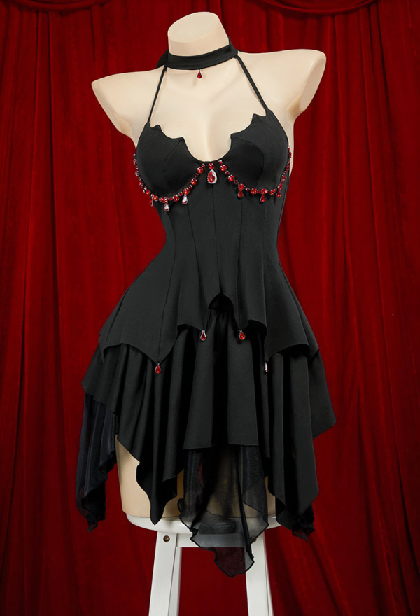 Blood Moon Silhouette Gothic Black Bat Irregular Backless Halter Top and Ruffle Half Skirt with Gloves Socks Vampire Costume Blood Moon Silhouette Gothic Black Bat Irregular Backless Halter Top and Ruffle Half Skirt with Gloves Socks Vampire Costume