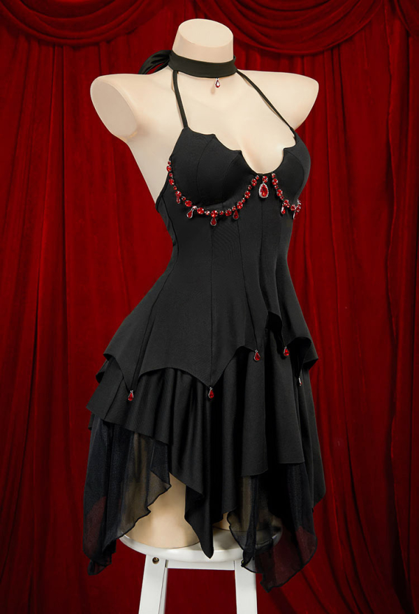 Blood Moon Silhouette Gothic Black Bat Irregular Backless Halter Top and Ruffle Half Skirt with Gloves Socks Vampire Costume Blood Moon Silhouette Gothic Black Bat Irregular Backless Halter Top and Ruffle Half Skirt with Gloves Socks Vampire Costume