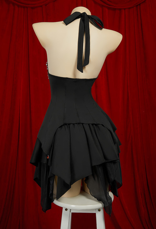 Blood Moon Silhouette Gothic Black Bat Irregular Backless Halter Top and Ruffle Half Skirt with Gloves Socks Vampire Costume Blood Moon Silhouette Gothic Black Bat Irregular Backless Halter Top and Ruffle Half Skirt with Gloves Socks Vampire Costume