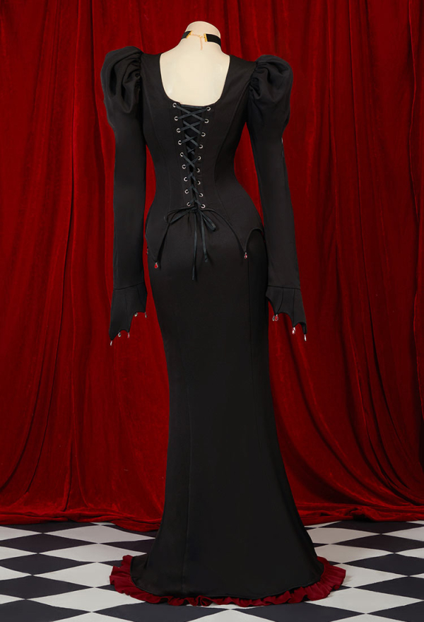 Blood Moon Silhouette Vintage Bat Corset Top with Pendants and Slit Skirt Set Puffy Long Sleeves Top and Fishtail Skirt Vampire Costume Blood Moon Silhouette Vintage Bat Corset Top with Pendants and Slit Skirt Set Puffy Long Sleeves Top and Fishtail Skirt Vampire Costume