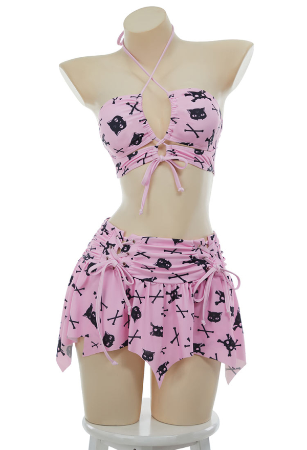 Thriller Kitten Skull Cat Print Swimsuit Gothic Pink Two Pieces Strappy Top and Skirt Set Thriller Kitten Skull Cat Print Swimsuit Gothic Pink Two Pieces Strappy Top and Skirt Set