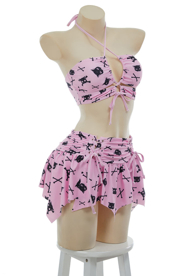 Thriller Kitten Skull Cat Print Swimsuit Gothic Pink Two Pieces Strappy Top and Skirt Set Thriller Kitten Skull Cat Print Swimsuit Gothic Pink Two Pieces Strappy Top and Skirt Set
