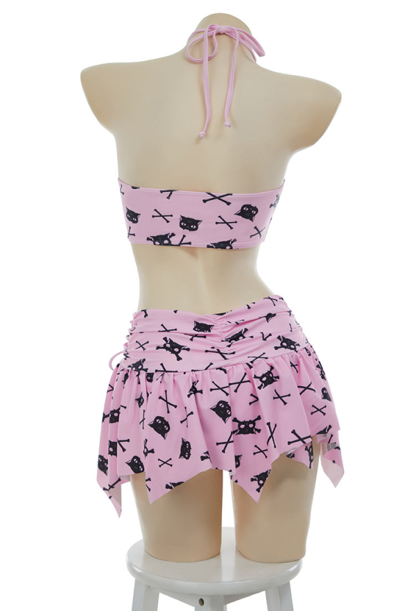 Thriller Kitten Skull Cat Print Swimsuit Gothic Pink Two Pieces Strappy Top and Skirt Set Thriller Kitten Skull Cat Print Swimsuit Gothic Pink Two Pieces Strappy Top and Skirt Set