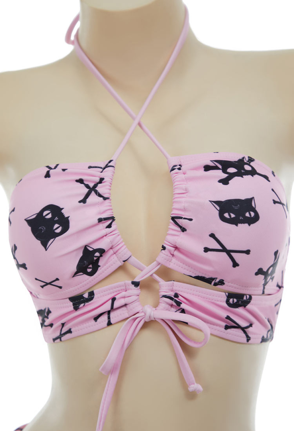 Thriller Kitten Skull Cat Print Swimsuit Gothic Pink Two Pieces Strappy Top and Skirt Set Thriller Kitten Skull Cat Print Swimsuit Gothic Pink Two Pieces Strappy Top and Skirt Set