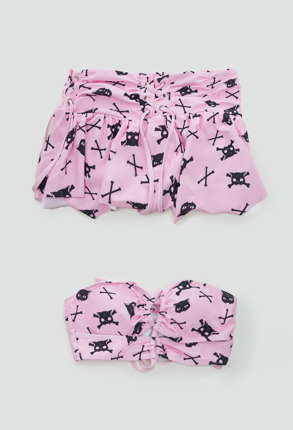 Thriller Kitten Skull Cat Print Swimsuit Gothic Pink Two Pieces Strappy Top and Skirt Set Thriller Kitten Skull Cat Print Swimsuit Gothic Pink Two Pieces Strappy Top and Skirt Set