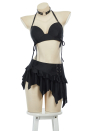 Gothic Black Two-Piece Swimsuit Bikini Set Halter Top and Irregular Mini Skirt Bathing Suit with Choker