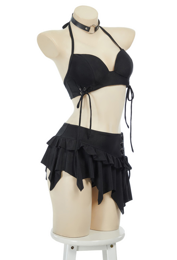 Gothic Black Two-Piece Swimsuit Bikini Set Halter Top and Irregular Mini Skirt Bathing Suit with Choker