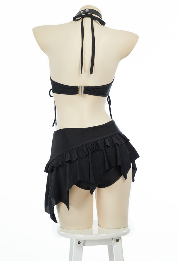 Gothic Black Two-Piece Swimsuit Bikini Set Halter Top and Irregular Mini Skirt Bathing Suit with Choker