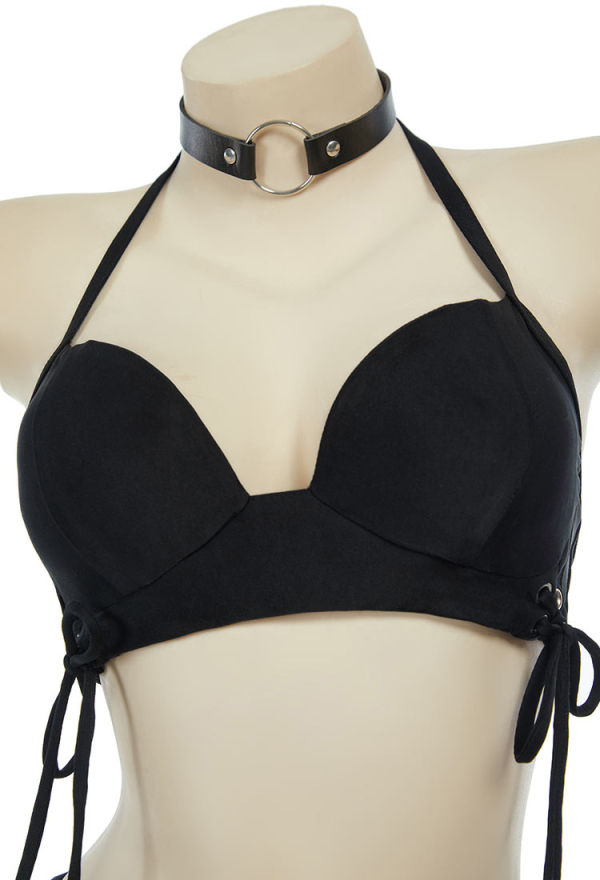 Gothic Black Two-Piece Swimsuit Bikini Set Halter Top and Irregular Mini Skirt Bathing Suit with Choker