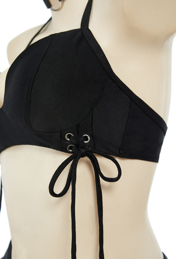 Gothic Black Two-Piece Swimsuit Bikini Set Halter Top and Irregular Mini Skirt Bathing Suit with Choker