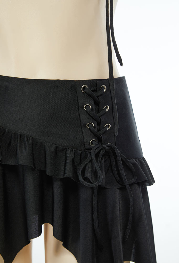 Gothic Black Two-Piece Swimsuit Bikini Set Halter Top and Irregular Mini Skirt Bathing Suit with Choker
