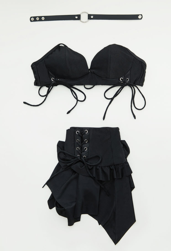Gothic Black Two-Piece Swimsuit Bikini Set Halter Top and Irregular Mini Skirt Bathing Suit with Choker