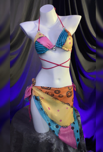 Sweet Nightmare Gothic Halloween Colorful Printed Bikini Set Swimwear Halter Top and Bottom with Wrap Skirt Bathing Suit