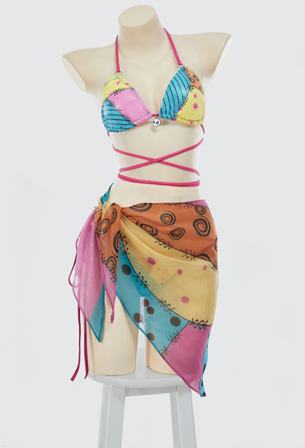 Sweet Nightmare Gothic Halloween Colorful Printed Bikini Set Swimwear Halter Top and Bottom with Wrap Skirt Bathing Suit Sweet Nightmare Gothic Halloween Colorful Printed Bikini Set Swimwear Halter Top and Bottom with Wrap Skirt Bathing Suit
