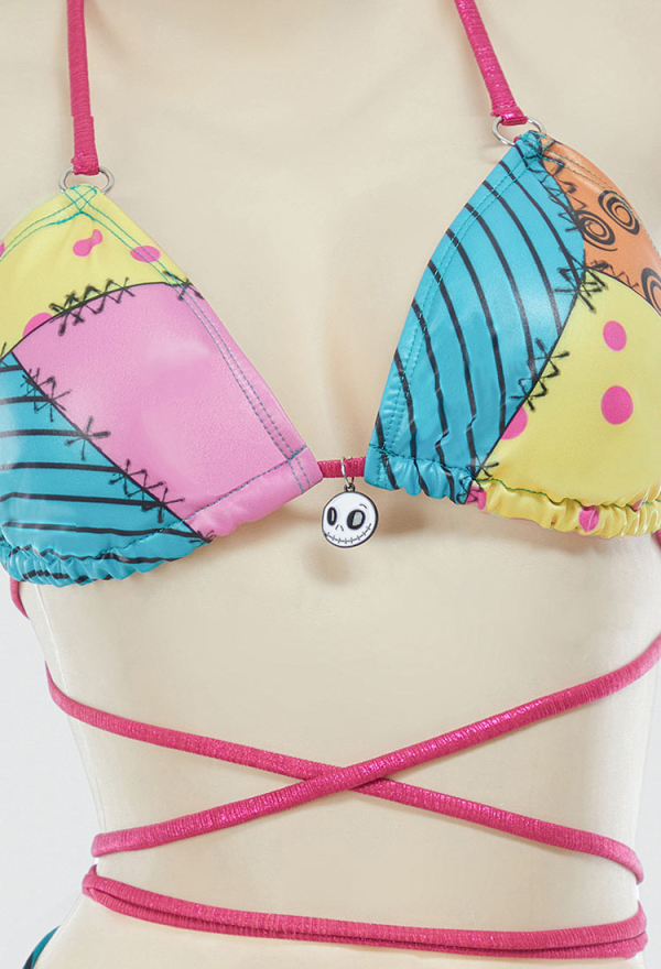 Sweet Nightmare Gothic Halloween Colorful Printed Bikini Set Swimwear Halter Top and Bottom with Wrap Skirt Bathing Suit Sweet Nightmare Gothic Halloween Colorful Printed Bikini Set Swimwear Halter Top and Bottom with Wrap Skirt Bathing Suit